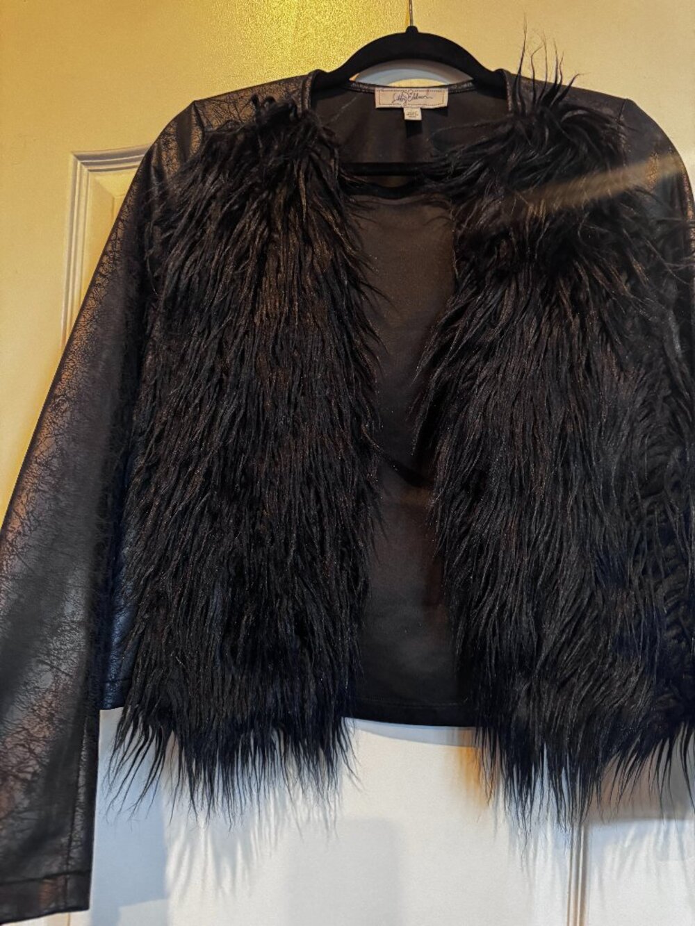 Libby Edelman Black Faux Fur Faux Leather Jacket Size S Y2K